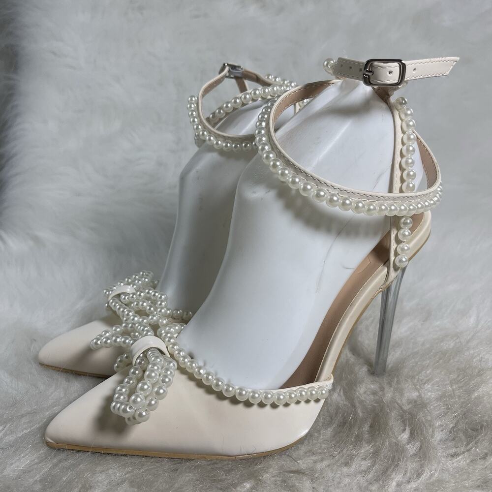 Women’s Pearl Bow Clear Stiletto Heels Ankle Strap Ivory Size 38